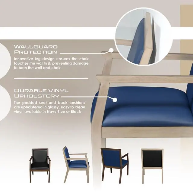 Alt view image 7 of 7 - Regent WallGuard Guest & Reception Waiting Room Wood Side Chair - Noble Oak/Navy Blue Vinyl