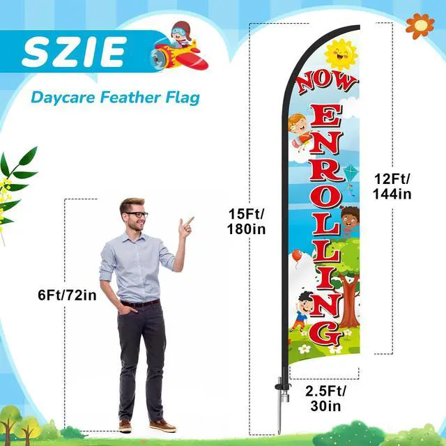 Alt view image 2 of 7 - 2 Pack 15ft x 2.5ft Now Enrolling Preschool Feather Flag Set Swooper Flag Weatherproof Advertising Banner Enrolling Sign with Flagpoles Ground Stakes for Kindergarten Business Advertising