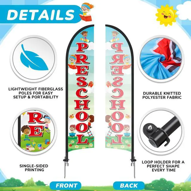 Alt view image 3 of 7 - 2 Pack 15ft x 2.5ft Now Enrolling Preschool Feather Flag Set Swooper Flag Weatherproof Advertising Banner Enrolling Sign with Flagpoles Ground Stakes for Kindergarten Business Advertising