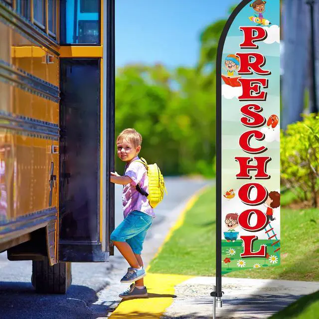 Alt view image 6 of 7 - 2 Pack 15ft x 2.5ft Now Enrolling Preschool Feather Flag Set Swooper Flag Weatherproof Advertising Banner Enrolling Sign with Flagpoles Ground Stakes for Kindergarten Business Advertising