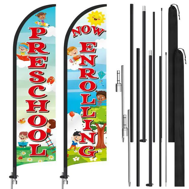 Alt view image 7 of 7 - 2 Pack 15ft x 2.5ft Now Enrolling Preschool Feather Flag Set Swooper Flag Weatherproof Advertising Banner Enrolling Sign with Flagpoles Ground Stakes for Kindergarten Business Advertising