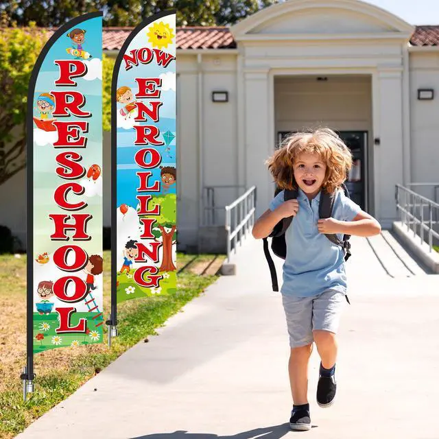 Alt view image 4 of 7 - 2 Pack 15ft x 2.5ft Now Enrolling Preschool Feather Flag Set Swooper Flag Weatherproof Advertising Banner Enrolling Sign with Flagpoles Ground Stakes for Kindergarten Business Advertising