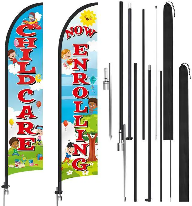 Main image of 2 Pack 15ft x 2.5ft Now Enrolling Childcare Feather Flag Set Swooper Flag Weatherproof Advertising Banner Enrolling Sign with Flagpoles Ground Stakes for Kindergarten Business Advertising