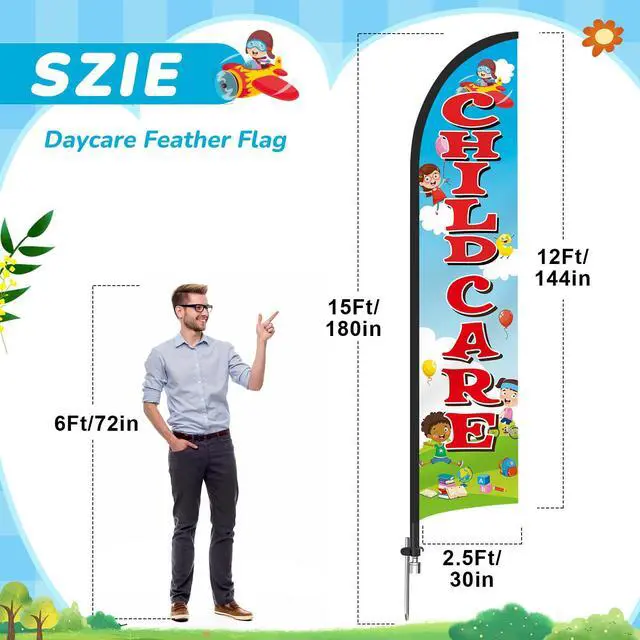 Alt view image 2 of 6 - 2 Pack 15ft x 2.5ft Now Enrolling Childcare Feather Flag Set Swooper Flag Weatherproof Advertising Banner Enrolling Sign with Flagpoles Ground Stakes for Kindergarten Business Advertising