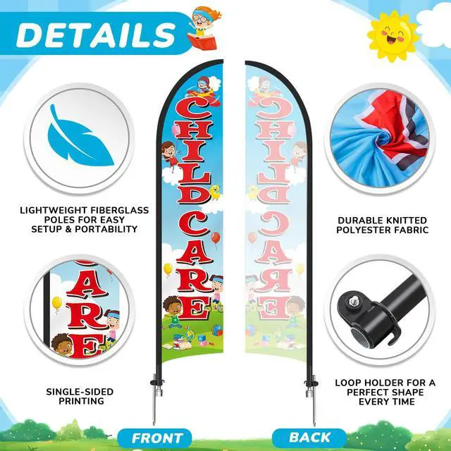 Alt view image 3 of 6 - 2 Pack 15ft x 2.5ft Now Enrolling Childcare Feather Flag Set Swooper Flag Weatherproof Advertising Banner Enrolling Sign with Flagpoles Ground Stakes for Kindergarten Business Advertising
