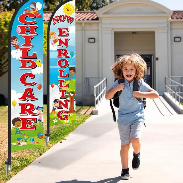 Alt view image 6 of 6 - 2 Pack 15ft x 2.5ft Now Enrolling Childcare Feather Flag Set Swooper Flag Weatherproof Advertising Banner Enrolling Sign with Flagpoles Ground Stakes for Kindergarten Business Advertising