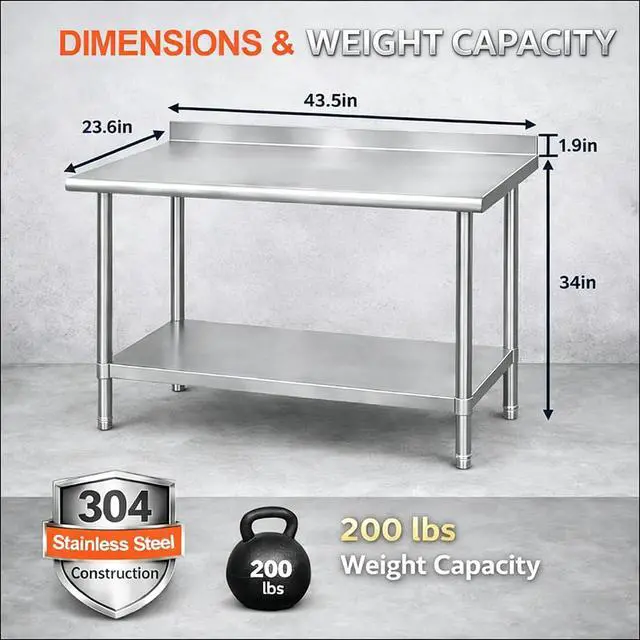 Alt view image 2 of 7 - Commercial Stainless Steel Prep Table, 2-Layer Heavy Duty Kitchen Countertop, 43x24x31.5 Inch, Adjustable Height, Silver