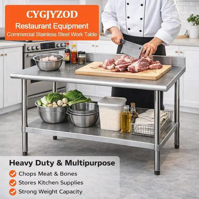 Alt view image 3 of 7 - Commercial Stainless Steel Prep Table, 2-Layer Heavy Duty Kitchen Countertop, 43x24x31.5 Inch, Adjustable Height, Silver