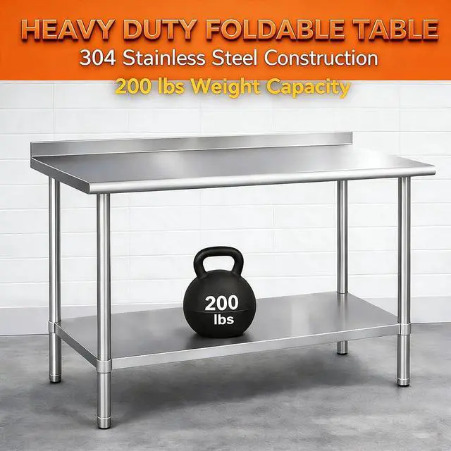 Alt view image 5 of 7 - Commercial Stainless Steel Prep Table, 2-Layer Heavy Duty Kitchen Countertop, 43x24x31.5 Inch, Adjustable Height, Silver