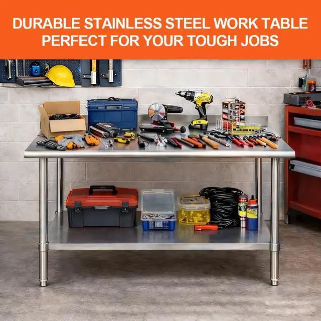 Alt view image 6 of 7 - Commercial Stainless Steel Prep Table, 2-Layer Heavy Duty Kitchen Countertop, 43x24x31.5 Inch, Adjustable Height, Silver