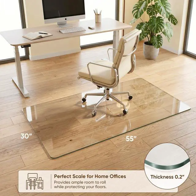 Alt view image 2 of 7 - Tempered Glass Chair Mat, 30"x55" Office Chair Mat for Carpet & Hardwood Floor, 0.2" Heavy Duty & Scratch Resistant Desk Chair Mat, Rounded Corners & Polished Edges for Home, Office