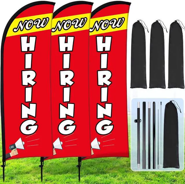 Main image of 3 Set Now Hiring Feather Flag Kit 7 x 5.4 ft Now Hiring Advertising Banner Feather Flag with Pole Ground Spike and Portable Bag Now Hiring Sign for Estate Flags Business Promotion (Red)