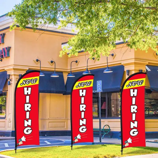 Alt view image 3 of 7 - 3 Set Now Hiring Feather Flag Kit 7 x 5.4 ft Now Hiring Advertising Banner Feather Flag with Pole Ground Spike and Portable Bag Now Hiring Sign for Estate Flags Business Promotion (Red)