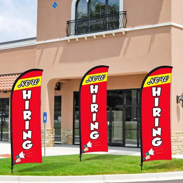 Alt view image 5 of 7 - 3 Set Now Hiring Feather Flag Kit 7 x 5.4 ft Now Hiring Advertising Banner Feather Flag with Pole Ground Spike and Portable Bag Now Hiring Sign for Estate Flags Business Promotion (Red)