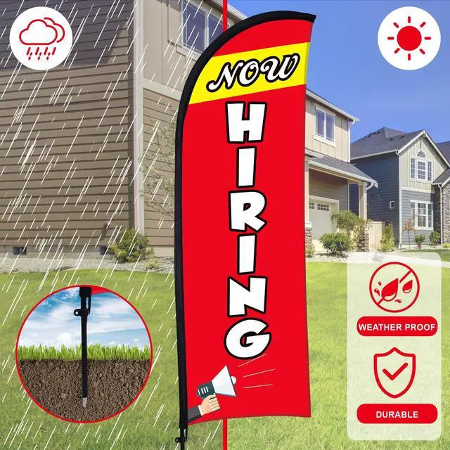 Alt view image 4 of 7 - 3 Set Now Hiring Feather Flag Kit 7 x 5.4 ft Now Hiring Advertising Banner Feather Flag with Pole Ground Spike and Portable Bag Now Hiring Sign for Estate Flags Business Promotion (Red)