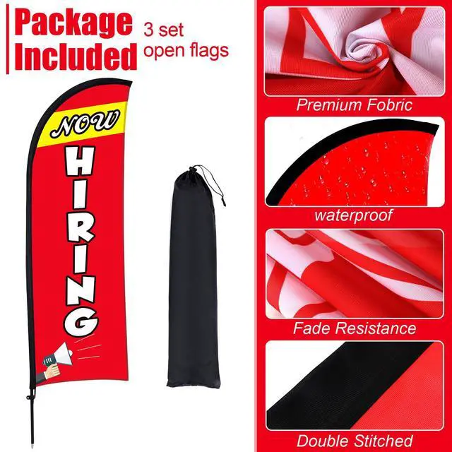 Alt view image 6 of 7 - 3 Set Now Hiring Feather Flag Kit 7 x 5.4 ft Now Hiring Advertising Banner Feather Flag with Pole Ground Spike and Portable Bag Now Hiring Sign for Estate Flags Business Promotion (Red)