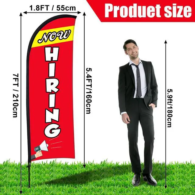 Alt view image 7 of 7 - 3 Set Now Hiring Feather Flag Kit 7 x 5.4 ft Now Hiring Advertising Banner Feather Flag with Pole Ground Spike and Portable Bag Now Hiring Sign for Estate Flags Business Promotion (Red)