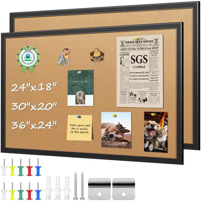 Main image of 18x24 Cork Board 2-Pack with Wooden Frame, Hanging Pin Board | 18x24 inch cork board, set of 2, wooden frame, cork surface resists pinholes, easy wall hanging, office home use
