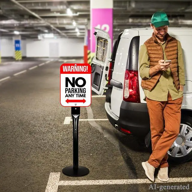 Alt view image 6 of 7 - Parking Sign Post 48" Heavy Duty Sign Stand Cast Iron Sign Base, Movable Parking Sign Stand for Hanging Signs (Black-15Lbs-1Pack)