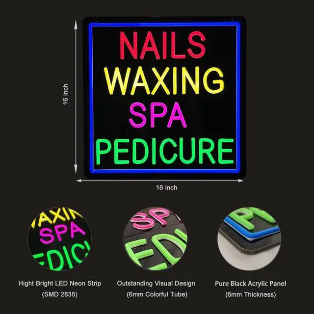 Alt view image 4 of 5 - Nails Waxing Spa Pedicure Neon Sign, 16"×16", High Brightness Business Signboard for Nail Spa Bar, Beauty Skincare Studio Hair Removal Salon, Black Acrylic Backboard, Durable, Storefront Decor