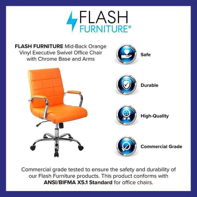 Alt view image 4 of 7 - Vivian Mid-Back Orange Vinyl Executive Swivel Office Chair with Chrome Base and Arms