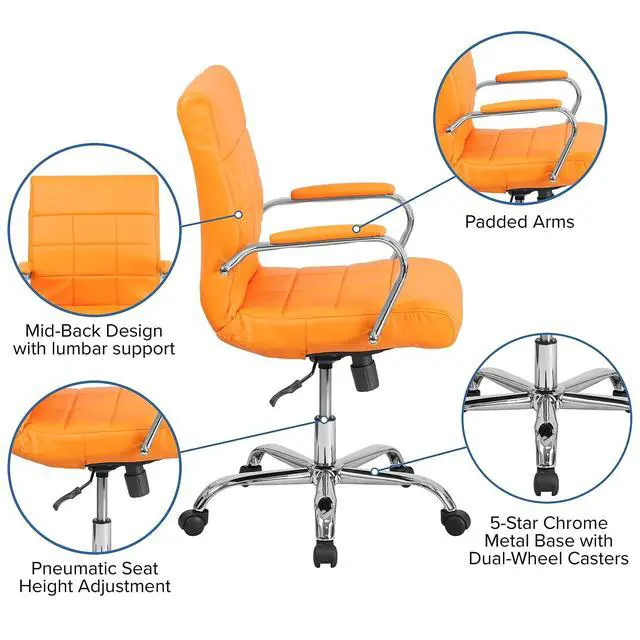 Alt view image 5 of 7 - Vivian Mid-Back Orange Vinyl Executive Swivel Office Chair with Chrome Base and Arms