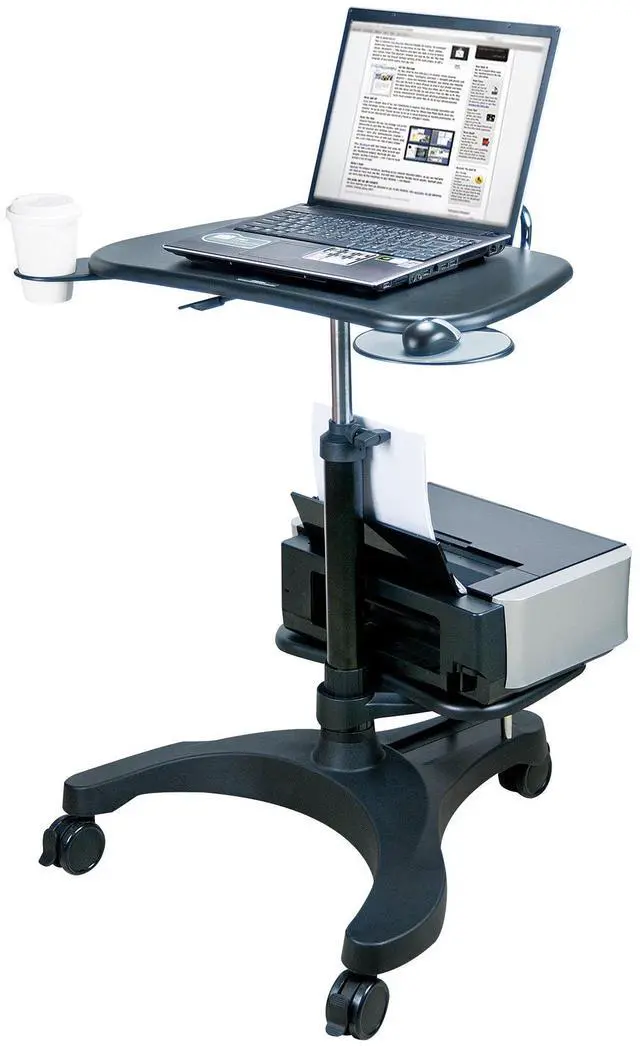 Main image of Ergonomic Sit-Stand Mobile Laptop Cart Work Station with Printer Shelf. with Built in Cup Holder and Mouse Pad. Black (Model: LPD009P)