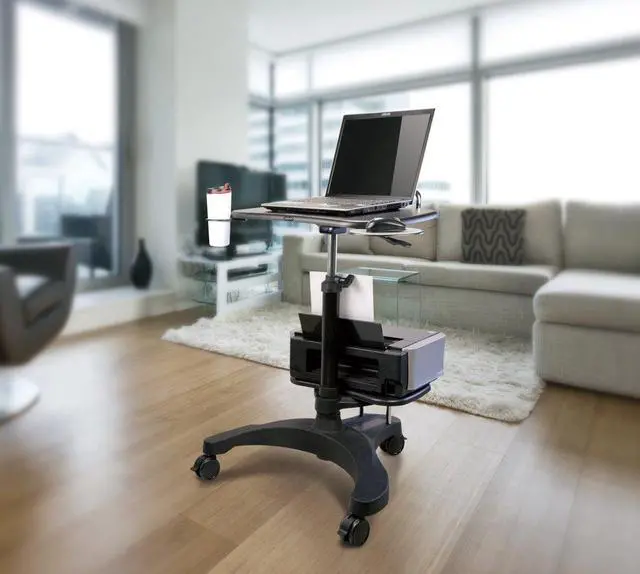 Alt view image 2 of 7 - Ergonomic Sit-Stand Mobile Laptop Cart Work Station with Printer Shelf. with Built in Cup Holder and Mouse Pad. Black (Model: LPD009P)