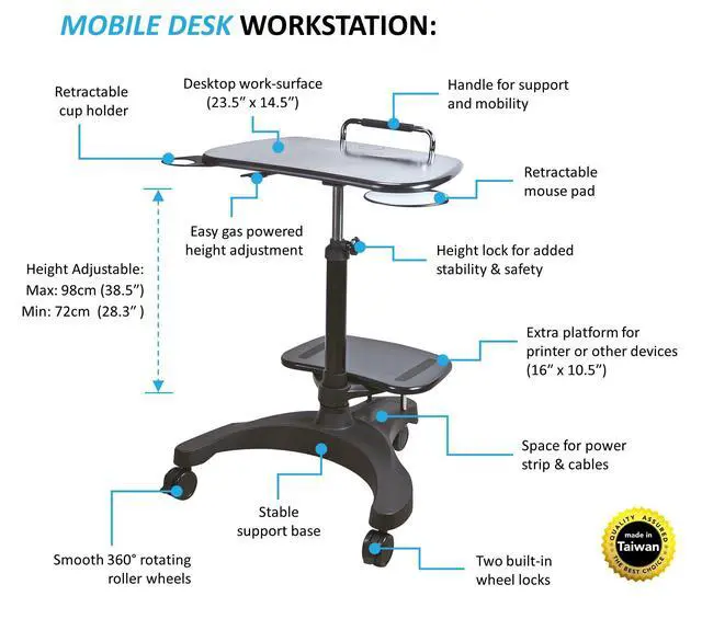Alt view image 3 of 7 - Ergonomic Sit-Stand Mobile Laptop Cart Work Station with Printer Shelf. with Built in Cup Holder and Mouse Pad. Black (Model: LPD009P)