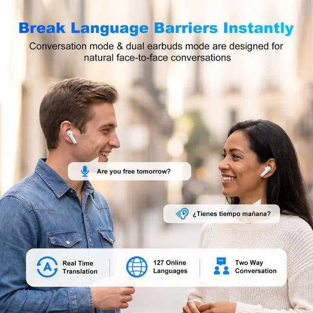 Alt view image 3 of 7 - T8 Translator Earbuds, Real-Time Language Translator Device in 127 Languages, Translation Earbuds with Call, Video & Photo Translation, Professional Interpreter for Business Meetings & Travel