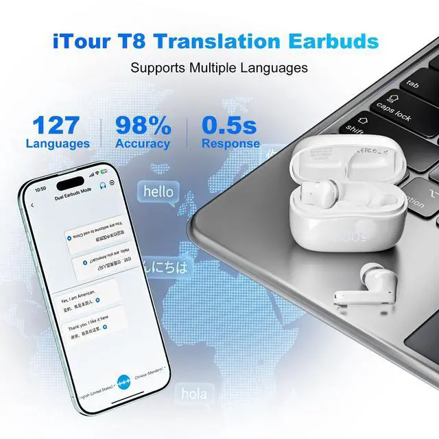 Alt view image 4 of 7 - T8 Translator Earbuds, Real-Time Language Translator Device in 127 Languages, Translation Earbuds with Call, Video & Photo Translation, Professional Interpreter for Business Meetings & Travel