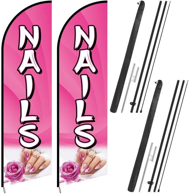 Main image of 2 Sets Nails Salon Feather Flag Sign 11FT Nails Flags for Business Pole Kit with Stainless Steel Ground Spikes Portable Bags Pink Feather Banner Signs for Businesses Advertising Marketing