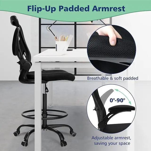 Alt view image 4 of 7 - Drafting Chair,Tall Standing Desk Chair Comfortable Office Chair with Foot Ring Flip-up Padded Arms Height Adjustable Computer Task Chair Ergonomic Mesh Mid-Back Desk Chair,Black