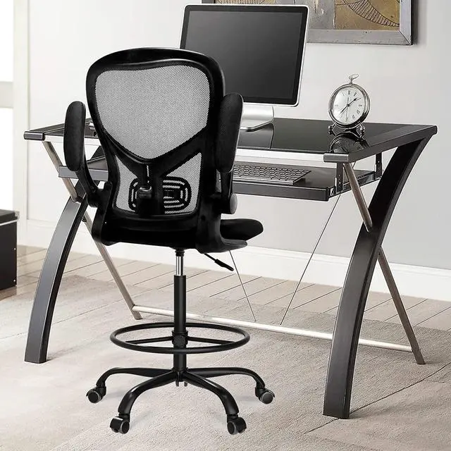 Alt view image 2 of 7 - Drafting Chair,Tall Standing Desk Chair Comfortable Office Chair with Foot Ring Flip-up Padded Arms Height Adjustable Computer Task Chair Ergonomic Mesh Mid-Back Desk Chair,Black