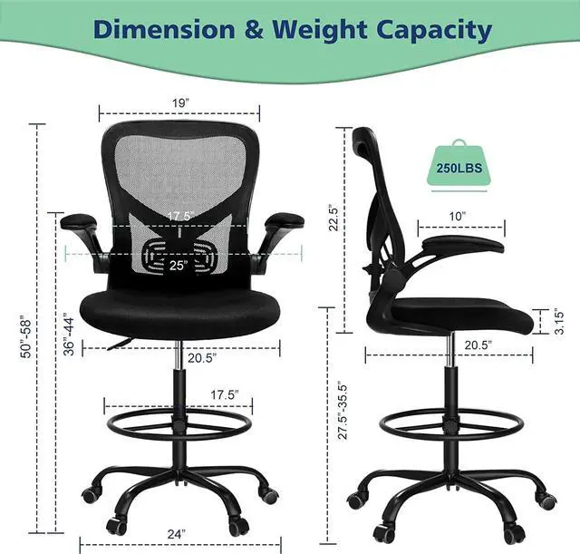 Alt view image 3 of 7 - Drafting Chair,Tall Standing Desk Chair Comfortable Office Chair with Foot Ring Flip-up Padded Arms Height Adjustable Computer Task Chair Ergonomic Mesh Mid-Back Desk Chair,Black