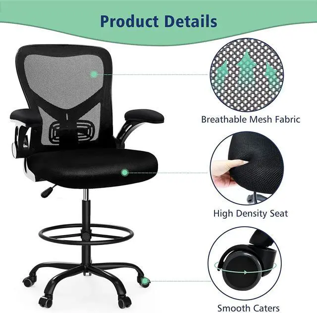 Alt view image 6 of 7 - Drafting Chair,Tall Standing Desk Chair Comfortable Office Chair with Foot Ring Flip-up Padded Arms Height Adjustable Computer Task Chair Ergonomic Mesh Mid-Back Desk Chair,Black