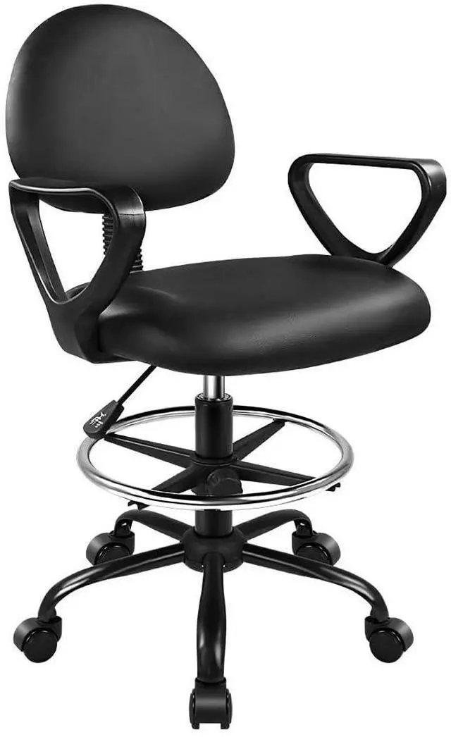 Main image of Black Drafting Chair with Footrest Swivel PU Leather Rolling Stool Chair with Wheels Height Adjustable Office Chair with Armrests Computer Desk Chair