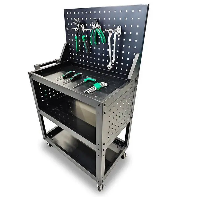 Alt view image 5 of 6 - 3 Tier Rolling Tool Cart on Wheels - Metal Service Cart Industrial Utility Cart for Mechanic - 330LBS Load Mobile Storage Organizer for Garage