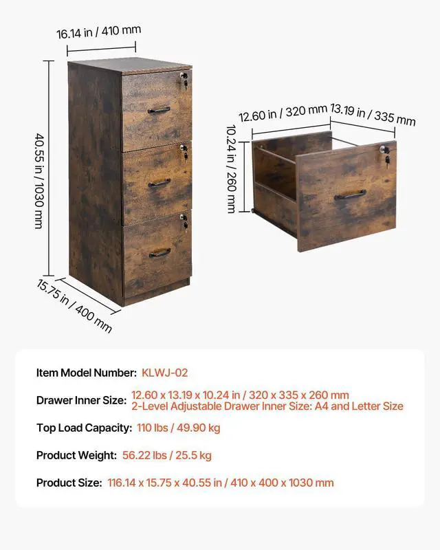 Alt view image 3 of 7 - 3 Drawer File Cabinet with Lock, Vertical Filing Storage Cabinets for Home Office, Heavy-Duty Locking Cabinet with 2-Level Adjustable Hanging Rod for A4/Letter/Legal Size File, Easy Assembly