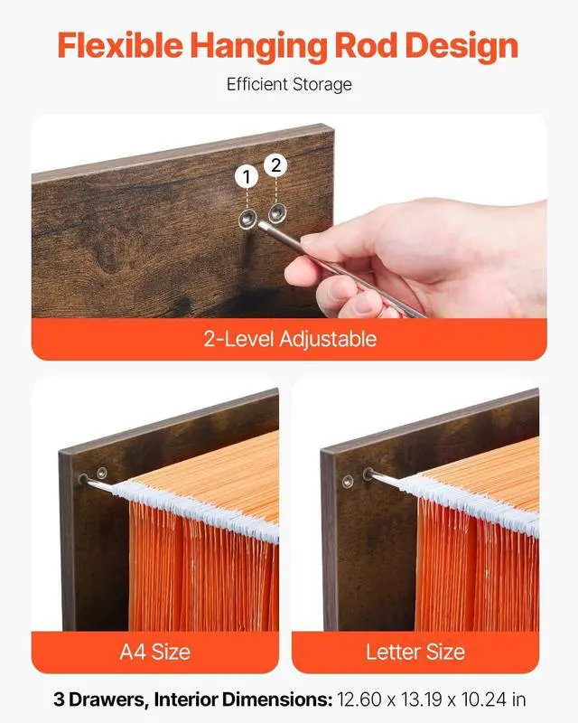 Alt view image 5 of 7 - 3 Drawer File Cabinet with Lock, Vertical Filing Storage Cabinets for Home Office, Heavy-Duty Locking Cabinet with 2-Level Adjustable Hanging Rod for A4/Letter/Legal Size File, Easy Assembly