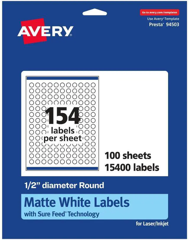 Main image of Matte White Round Labels, Sure Feed Technology, 1/2" Diameter, 15,400 Matte White Printable Labels