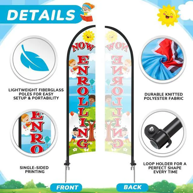 Alt view image 3 of 6 - 2 Pack 15ft x 2.5ft Now Enrolling Daycare Feather Flag Set Swooper Flag Weatherproof Advertising Banner Enrolling Sign with Flagpoles Ground Stakes for Kindergarten Business Advertising