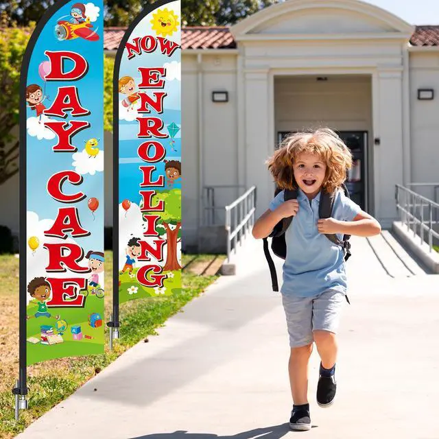Alt view image 6 of 6 - 2 Pack 15ft x 2.5ft Now Enrolling Daycare Feather Flag Set Swooper Flag Weatherproof Advertising Banner Enrolling Sign with Flagpoles Ground Stakes for Kindergarten Business Advertising