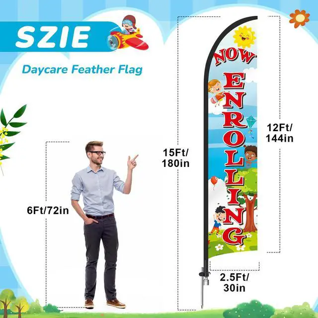 Alt view image 2 of 6 - 2 Pack 15ft x 2.5ft Now Enrolling Daycare Feather Flag Set Swooper Flag Weatherproof Advertising Banner Enrolling Sign with Flagpoles Ground Stakes for Kindergarten Business Advertising