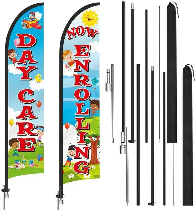 Main image of 2 Pack 15ft x 2.5ft Now Enrolling Daycare Feather Flag Set Swooper Flag Weatherproof Advertising Banner Enrolling Sign with Flagpoles Ground Stakes for Kindergarten Business Advertising