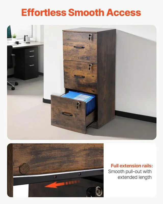Alt view image 7 of 7 - 3 Drawer File Cabinet with Lock, Vertical Filing Storage Cabinets for Home Office, Heavy-Duty Locking Cabinet with 2-Level Adjustable Hanging Rod for A4/Letter/Legal Size File, Easy Assembly