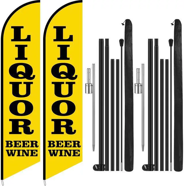Main image of 2 Set Liquor Beer Wine Windless Swooper Flag Feather Banner Sign 15 ft Tall Stand Beer Wine Advertising Flag Sign with Pole Kit and Fiberglass Ground Stake for Outside