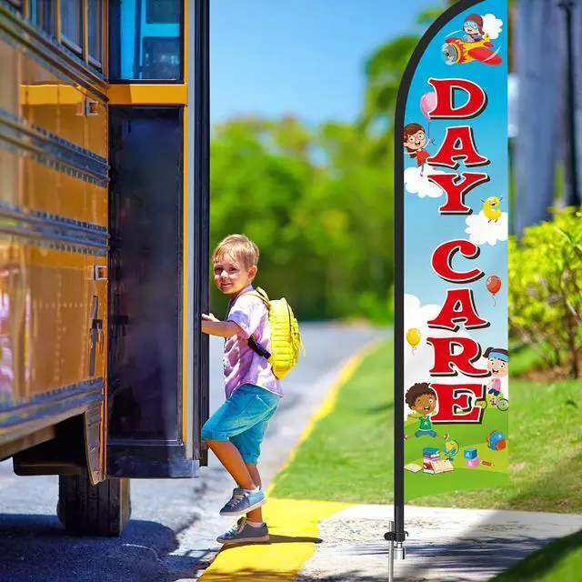 Alt view image 5 of 6 - 2 Pack 15ft x 2.5ft Now Enrolling Daycare Feather Flag Set Swooper Flag Weatherproof Advertising Banner Enrolling Sign with Flagpoles Ground Stakes for Kindergarten Business Advertising