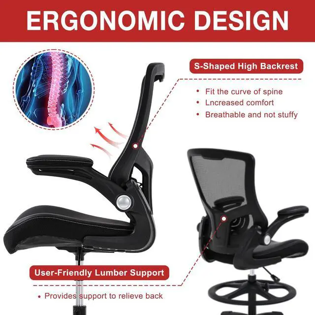 Alt view image 4 of 7 - Drafting Chair Mid-Back Mesh Tall Office Chair with Flip-Up Arms Desk Chair with Ergonomic Lumbar Support Foot Ring,Black