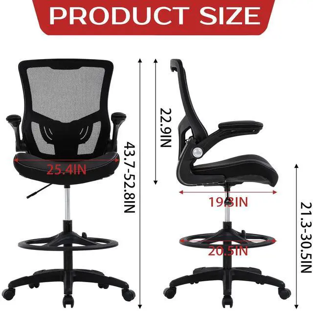Alt view image 2 of 7 - Drafting Chair Mid-Back Mesh Tall Office Chair with Flip-Up Arms Desk Chair with Ergonomic Lumbar Support Foot Ring,Black